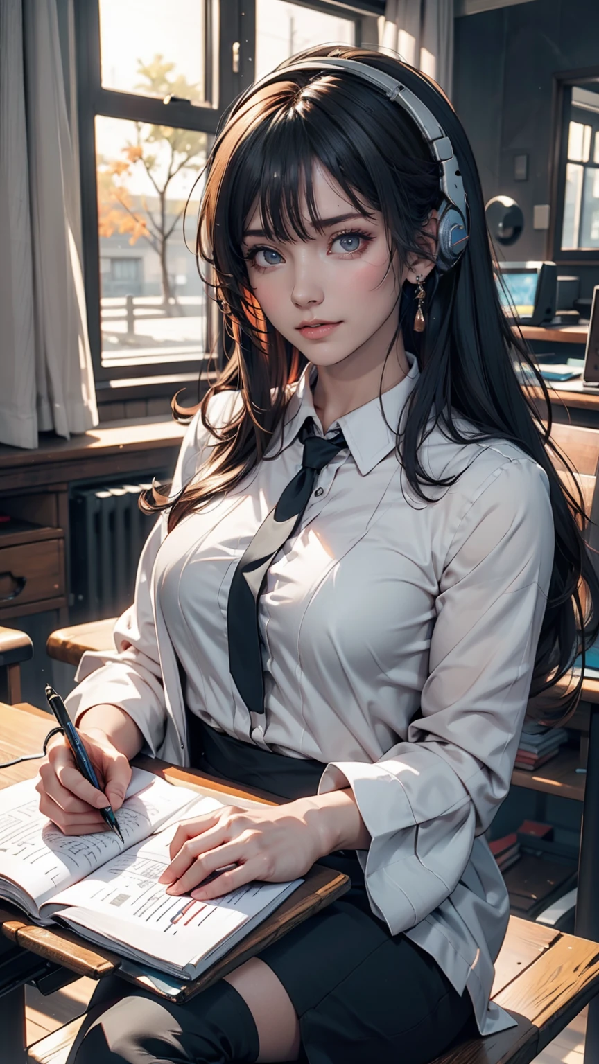 Anime girl sitting at a desk with headphones on and writing, Anime Style 4 k, Digital anime illustration, Digital anime art, Anime Style. 8k, Anime Moe Art Style, anime art wallpaper 4k, anime art wallpaper 4k, Anime Style illustration, Smooth anime CG art, detailed Digital anime art, Anime Art Wallpapers 8K, Realistic Anime 3D Style