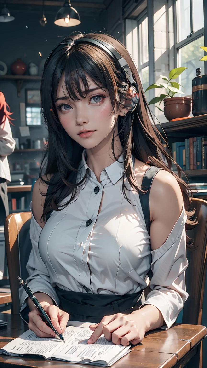 Anime girl sitting at a desk with headphones on and writing, Anime Style 4 k, Digital anime illustration, Digital anime art, Anime Style. 8k, Anime Moe Art Style, anime art wallpaper 4k, anime art wallpaper 4k, Anime Style illustration, Smooth anime CG art, detailed Digital anime art, Anime Art Wallpapers 8K, Realistic Anime 3D Style