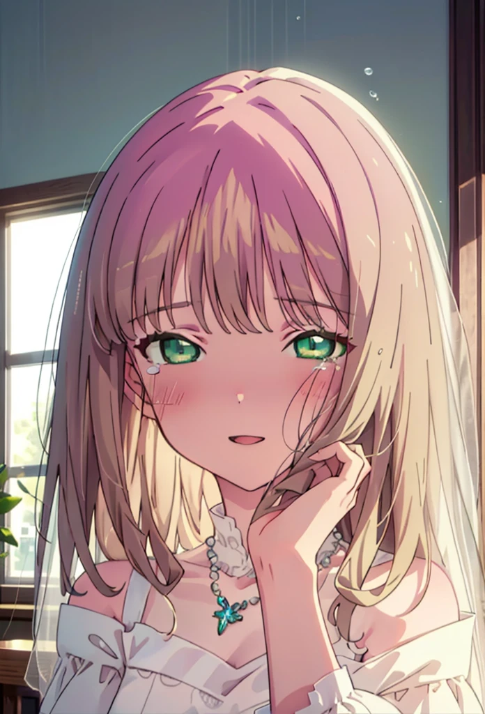 minami yume ,sss Dynazenon ,Long Hair, Brown Hair, (Green Eyes:1.5) ,blush,happy smile, smile, Open your mouth,Off-the-shoulder wedding dresses,Wedden Skirt,necklace,Veil,bouquet,Close both eyes,Tears stream down her face,Tears of joy,I cry a lot,
break looking at viewer, whole body,(Cowboy Shot:1. 5) break indoors, Chapel,church, break (masterpiece:1.2), Highest quality, High resolution, unity 8k wallpaper, (shape:0.8), (Beautiful attention to detail:1.6), Highly detailed face, Perfect lighting, Highly detailed CG, (Perfect hands, Perfect Anatomy),