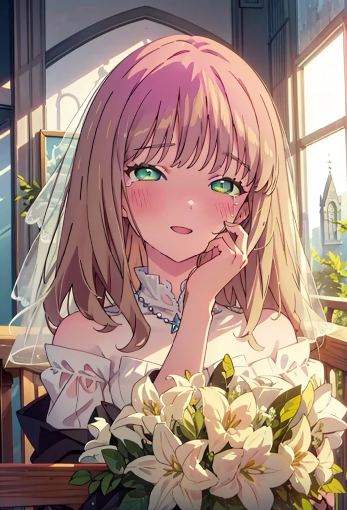 minami yume ,sss Dynazenon ,Long Hair, Brown Hair, (Green Eyes:1.5) ,blush,happy smile, smile, Open your mouth,Off-the-shoulder wedding dresses,Wedden Skirt,necklace,Veil,bouquet,Close both eyes,Tears stream down her face,Tears of joy,I cry a lot,
break looking at viewer, whole body,(Cowboy Shot:1. 5) break indoors, Chapel,church, break (masterpiece:1.2), Highest quality, High resolution, unity 8k wallpaper, (shape:0.8), (Beautiful attention to detail:1.6), Highly detailed face, Perfect lighting, Highly detailed CG, (Perfect hands, Perfect Anatomy),