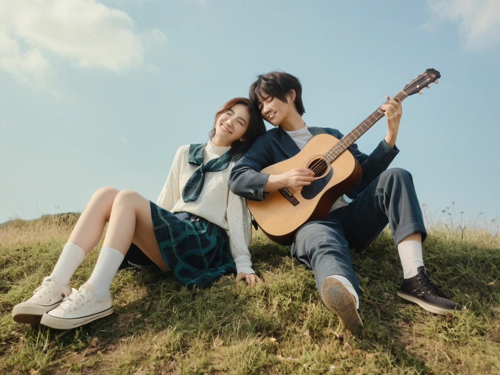 A captivating photo of a young Japanese couple enjoying a serene moment outdoors. The female, wearing a white Japanese high and tartan with white socks and sneakers, leans back with a smile, her hands on the ground as she gazes into the distance. Her male counterpart, dressed in a dark Japanese high with matching pants, strums an acoustic guitar, creating a soothing melody. Surrounded by a lush, green grassy field and a light blue sky, the soft, natural lighting and gentle breeze rustling the grass beneath their feet, this image encapsulates the essence of youth, love, and tranquility. Some flying leaves on the background,