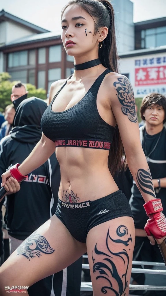 Beautiful Thai-Melanesian female, (16 years old), Mixed Martial Arts, (navel baring, everyday house clothes:1.3), tank top, (MMA gloves ), fit, (muscles:1.2), athletic feminine body, female fitness model body, Tokyo landmarks in the background, masterpiece, perfect lighting, ultra high resolution, 8K, She is an exceptional MMA fighter, hard toned feminine body, (very long ponytail, straight bangs:1.2), (sexy smile for the camera:0.7), (very sexy pose), (kung fu fighter in fighting stance, holding very large weapon in hand, wearing very large weapon, standing with very large weapon, raising very large weapon:1.3), (tattoos all over body, 80% of body covered in Japanese tattoos:1.5), red lips, red high heels, choker, necklace, earrings, (highly detailed:1.4), From the front, looking at the camera, melancholic expression, (Tokyo city, many people in the background),