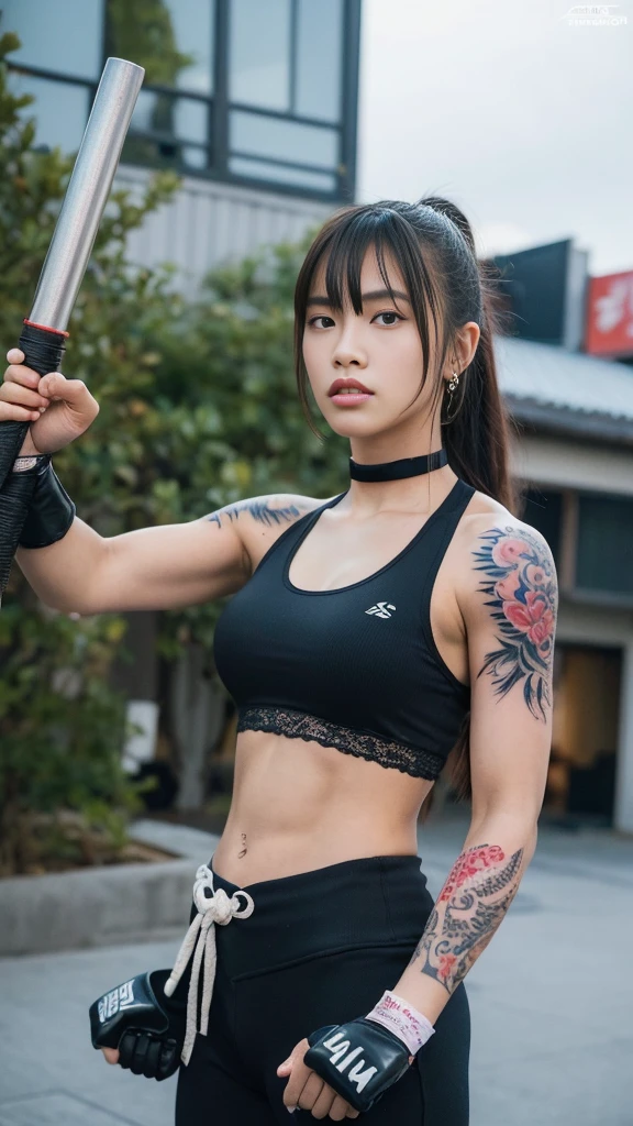 Sexy beauty woman Japanese and Korean abdomen tattoo black sportswear mixed martial artist