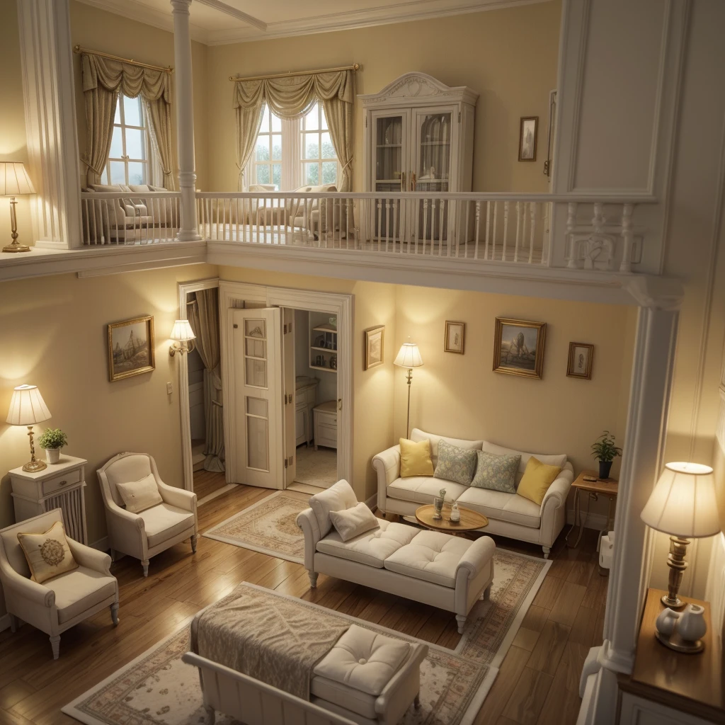 incredibly detailed dollhouse, cozy bedhall, cute 3d rendering, attractive lights and shadows, white and yellow pillows, architechture, furniture, Inside the house, building, living hall, hall, Mattire, plants, House decoration, sofa, chair, Interior design