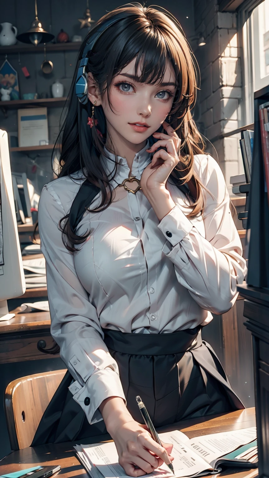 Anime girl sitting at a desk with headphones on and writing, Anime Style 4 k, Digital anime illustration, Digital anime art, Anime Style. 8k, Anime Moe Art Style, anime art wallpaper 4k, anime art wallpaper 4k, Anime Style illustration, Smooth anime CG art, detailed Digital anime art, Anime Art Wallpapers 8K, Realistic Anime 3D Style