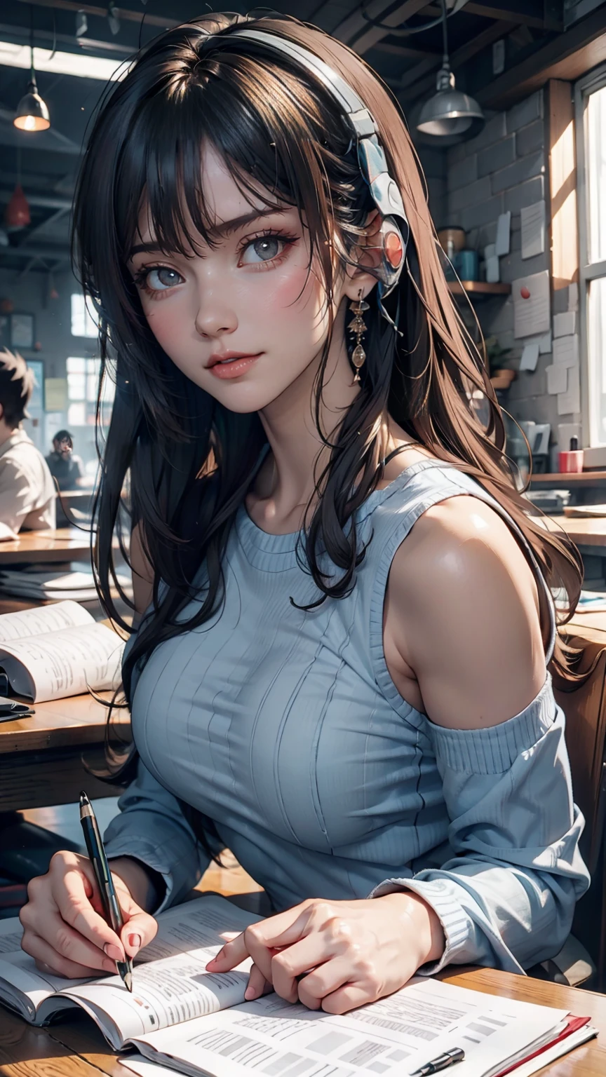 Anime girl sitting at a desk with headphones on and writing, Anime Style 4 k, Digital anime illustration, Digital anime art, Anime Style. 8k, Anime Moe Art Style, anime art wallpaper 4k, anime art wallpaper 4k, Anime Style illustration, Smooth anime CG art, detailed Digital anime art, Anime Art Wallpapers 8K, Realistic Anime 3D Style