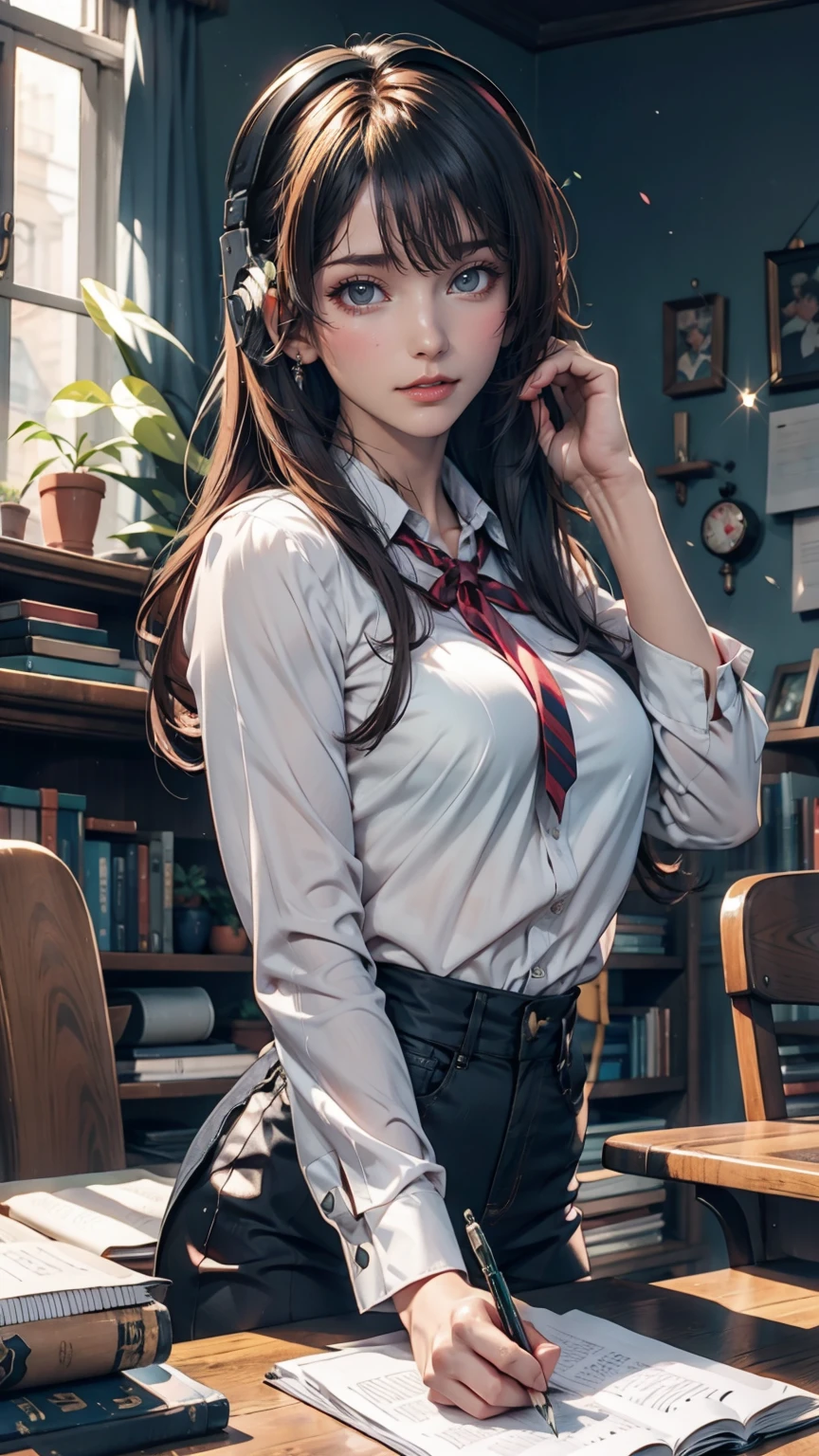 Anime girl sitting at a desk with headphones on and writing, Anime Style 4 k, Digital anime illustration, Digital anime art, Anime Style. 8k, Anime Moe Art Style, anime art wallpaper 4k, anime art wallpaper 4k, Anime Style illustration, Smooth anime CG art, detailed Digital anime art, Anime Art Wallpapers 8K, Realistic Anime 3D Style