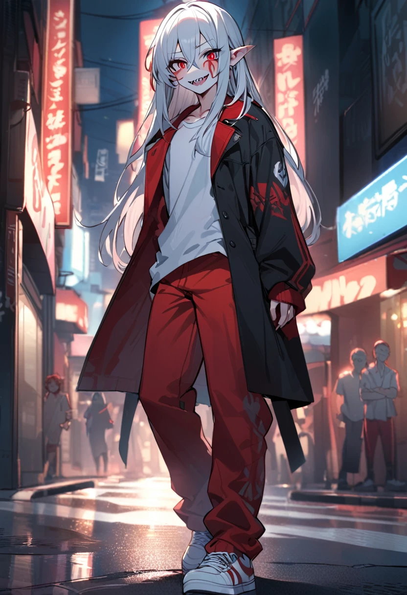 Boy, white hair, long straight hair, red eyes, wild smile, sharp teeth, pointed ears, fair skin, long black coat, white shirt, red pants, white sneakers, red tribal tattoos on arms, red facial tattoo, night on the streets, high quality, 4K, anatomically correct
