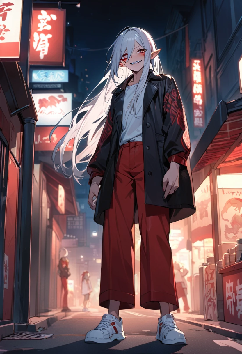 Boy, white hair, long straight hair, red eyes, wild smile, sharp teeth, pointed ears, fair skin, long black coat, white shirt, red pants, white sneakers, red tribal tattoos on arms, red facial tattoo, night on the streets, high quality, 4K, anatomically correct
