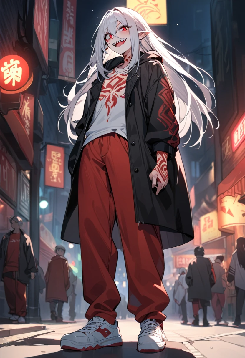 Boy, white hair, long straight hair, red eyes, wild smile, sharp teeth, pointed ears, fair skin, long black coat, white shirt, red pants, white sneakers, red tribal tattoos on arms, red facial tattoo, night on the streets, high quality, 4K, anatomically correct