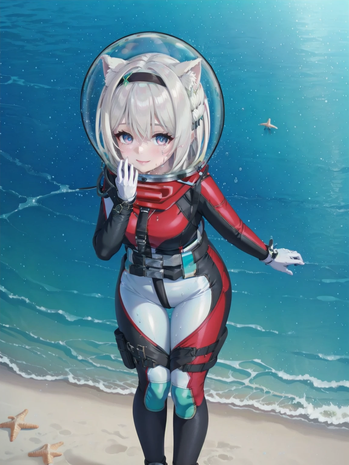 Highly detailed CG, 8k wallpaper, best quality, masterpiece, higher eyes and nose, very delicate and beautiful, beautiful, detailed,, (blue eyes: 1), (beautiful hands), (beautiful fingers) , , necklace (water:1.6), (beach:1.5), (messy hair:1.5), (leaning forward:1), looking at the viewer, (smile:1.3), (sweating), (beautiful toes), (6 years old:1.5), (1girl), (ash white hair:1.5),(middle hair:1 ) (thigh circumference: 1.3) , beautiful, narrow waist, white thigh highs, narrow waist, thighs, wide hips, eyeliner, eyelashes, perfect face, detailed eyes,(spacesuit: 1.15) , white cargo pants, astronaut )bubble helmet, space helmet, space helmet, CAT EARS, bubble helmet, ,hair ornament,black hairband, blue eyes, long sleeves, green skirt,green thighhighs,, smile,