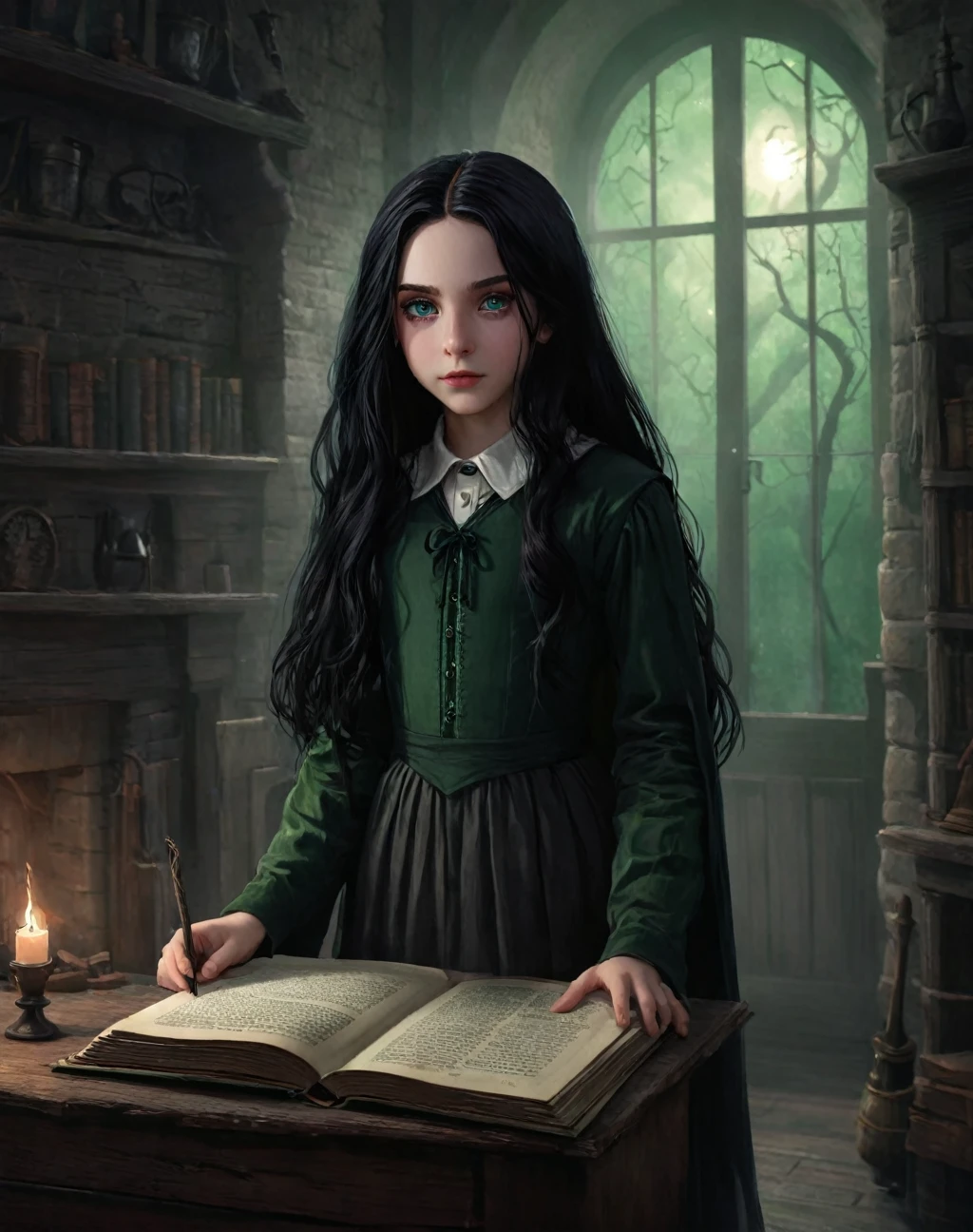 illustration of 11 years old daughter of severus snape, ,long black hair,pale skin,hair over eyes,green eyes,witch, cover page, highres, paid reward available, unparalleled masterpiece, terrifying tale, Hansel and Gretel perfect anatomy, good lighting, volumetric lighting, cinematic shadow,
