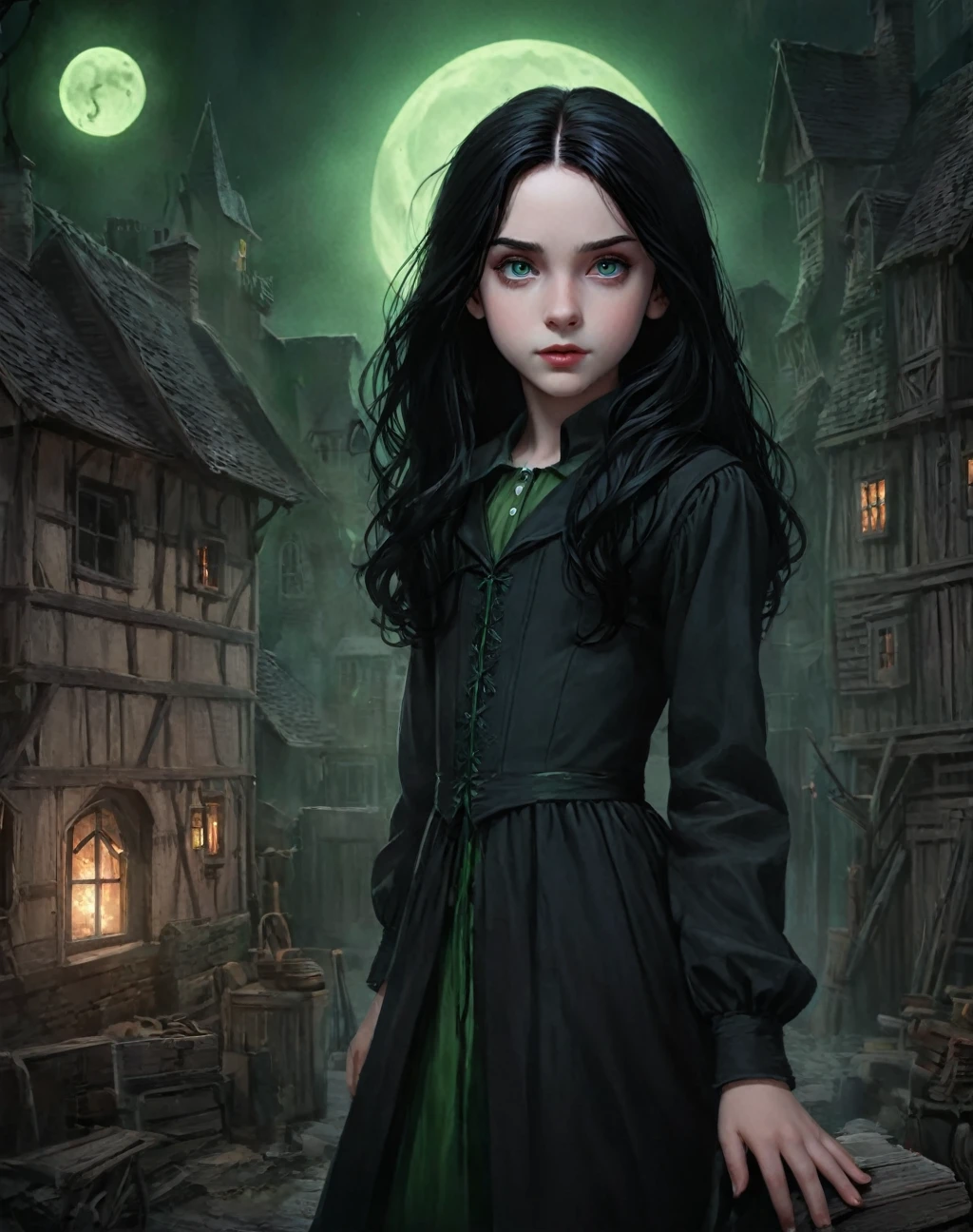 illustration of 11 years old daughter of severus snape, ,long black hair,pale skin,hair over eyes,green eyes,witch, cover page, highres, paid reward available, unparalleled masterpiece, terrifying tale, Hansel and Gretel perfect anatomy, good lighting, volumetric lighting, cinematic shadow,