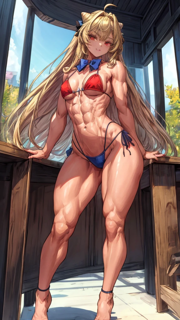 1 girl {ta}, {thin and small}, {{{Terakomori Gandesblood, long hair, blonde hair, cone hair bun, hair ornament, hair intakes, Ahoge, bangs, red eyes, beautiful smile: 0.7, cute amazing beauty face, blue bowtie, red bikini corto, {red bikini: 1}, (very small breasts: 1)}}}, hermosa chica Loli(slim body but with abs), {{{standing or standing full body image}}}, {{{Wear black high heels}}}, poses her beautiful black heels standing {{{is stopped}}}, {{{muscular abs}}}, {{muscular belly}}}, Background of a gym, {modern gym}, (((best quality))), (((8k quality))), (((ultra best definition))), ((better face definition))), (((perfect face))), {{{perfect face: 0.8}}}, {Focus and high resolution in the eyes}, (sharp focus: 0.7), Trend On Artstation, intricate, High detail, sharp focus, (((arms, hands, legs, feet, perfect face))), (((perfect body))), (((correct features))),(((best anatomy))), (((noise removal: 1))), (((perfect and clear face))), (((masterpiece))), ((perfect lighting 1.1).