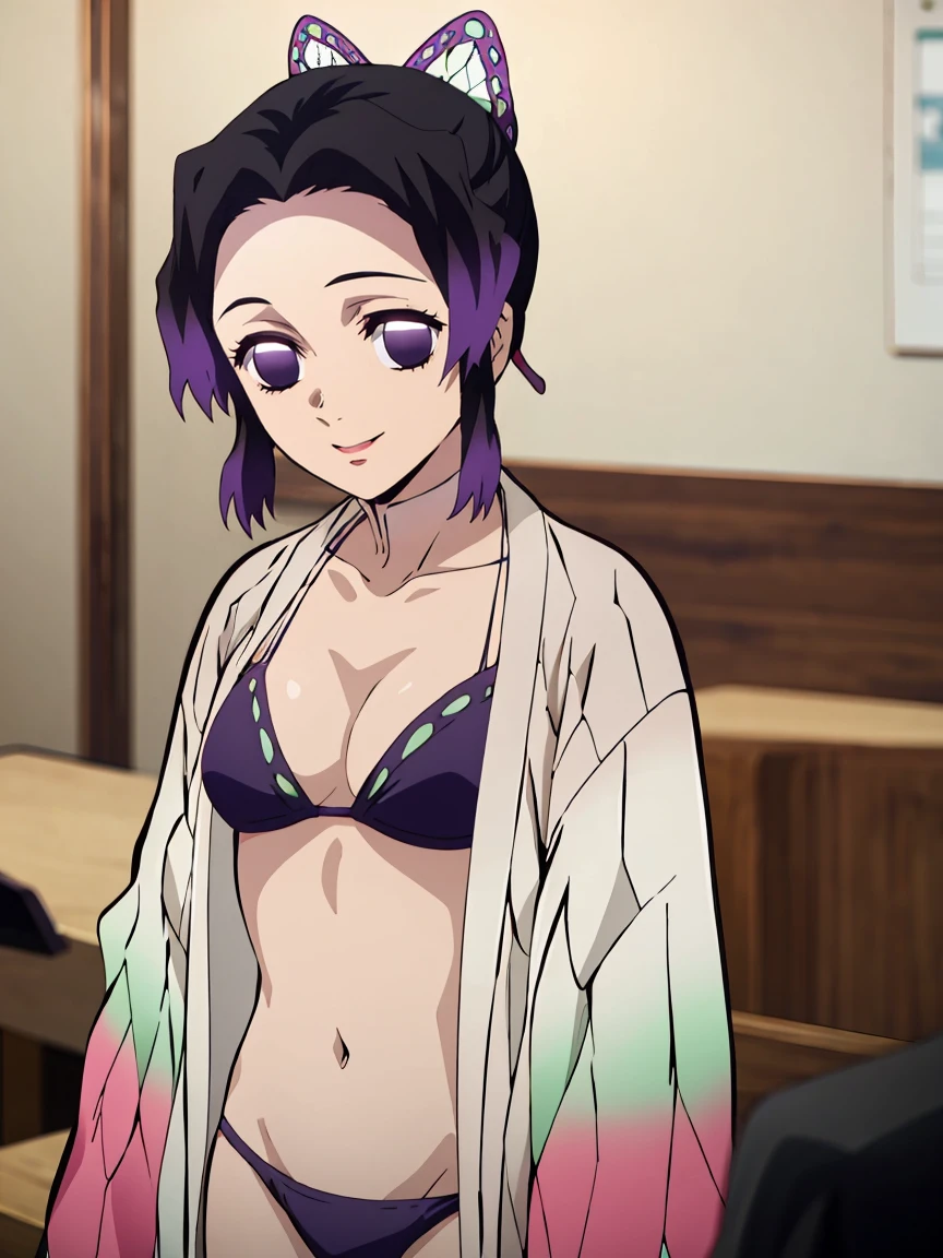 Ef_Shinobu, 1 girl, Kocho Shinobu, butterfly hair ornament, One, hair ornament, purple hair, multicolored hair, purple eyes, black hair, medium breast, seductive smile, I look at the viewer, blurred background, in room, Japanese House, half of the body, slim, ((masterpiece)), Best quality, High detailed illustration, high background detail, a high resolution, standing, upper body, (bikini)