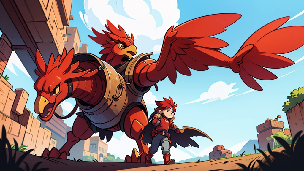 a giant red chicken with a saddle and metal armor