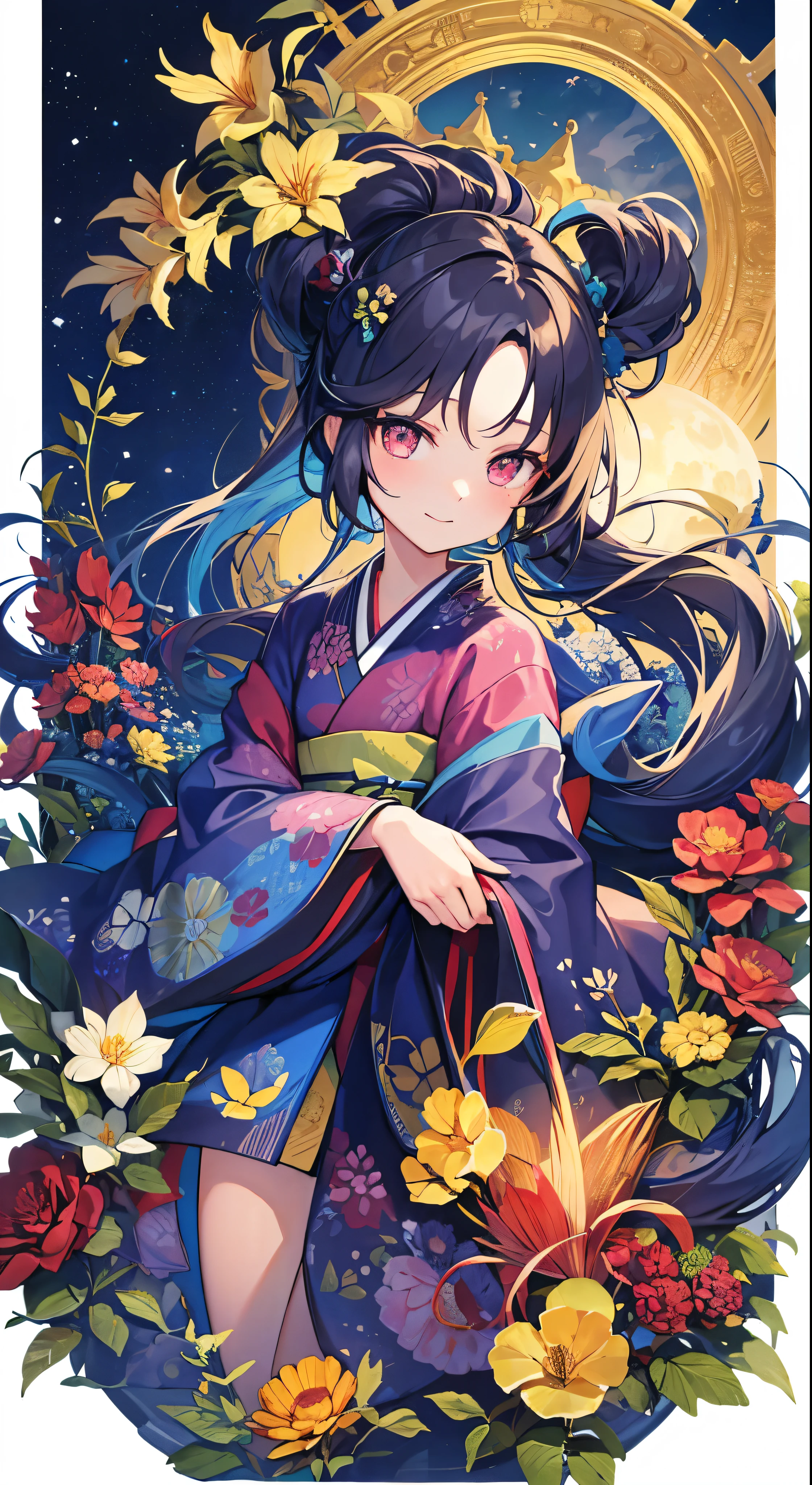 Highest quality、high_resolution、distinct_image、Detailed Background、girl、kimono、flower、garden、moon、night、holland angle、Wide Shot、Crown、
