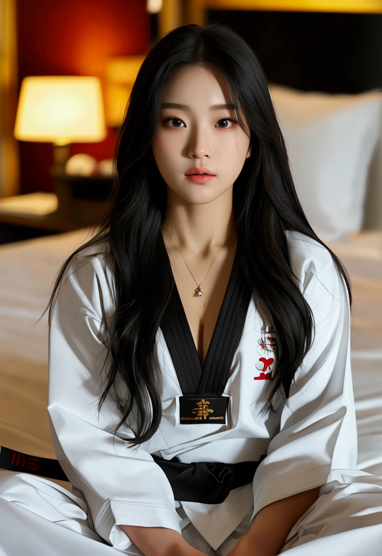 masterpiece, ultra details, best quality, 1 sexy korean taekwondo girl, masterpiece, ultra details, best quality, black long straight hair, wearing white World Taekwondo Federation dobok uniform with black v-neck, wearing taekwondo blackbelt, wearing white martial arts pants without pockets, large sweaty butt, large breasts, laying on hotel bed bending over showing butt, sweat on face, bending over