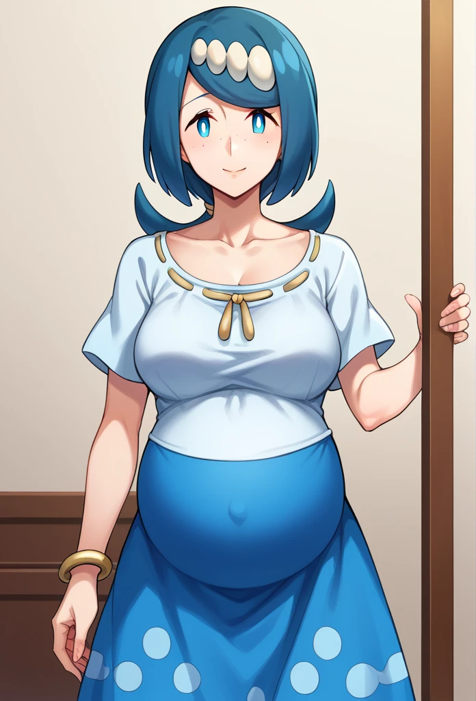 score_9, score_8_up, score_7_up, source_anime,
pokemonmotherlana, pokemonmotherlana, blue eyes, blue hair, freckles, hair ornament, long hair, swept bangs, bright pupils,
blouse, blue skirt, bracelet, collarbone, dress, jewelry, long skirt, shirt, short sleeves, skirt, white shirt,
indoors,
looking at viewer, cowboy shot, dutch angle,pregnant 