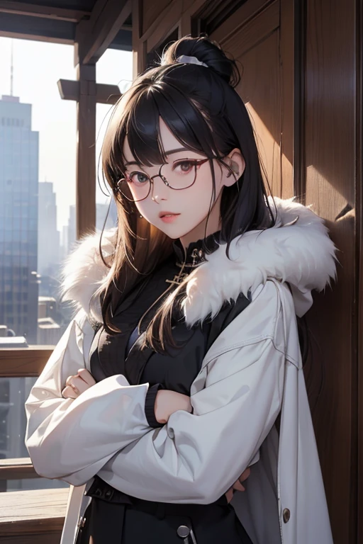 Highest quality、masterpiece、High sensitivity、High resolution、Detailed Description、Slender women、Glasses、Fur coat、Cross your arms、A lot of money falls from the sky、In the middle of the city、