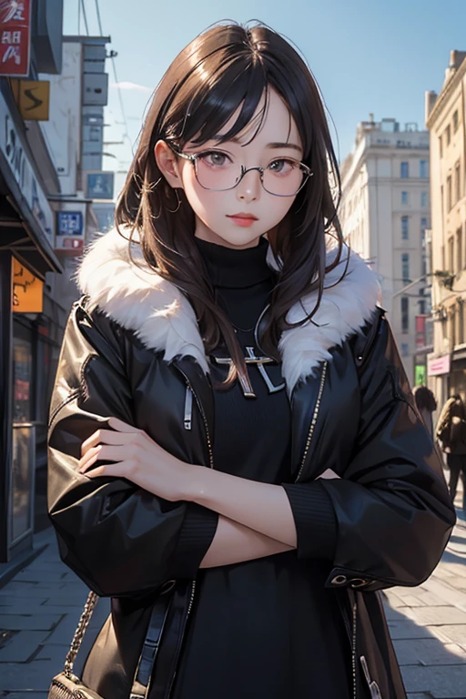 Highest quality、masterpiece、High sensitivity、High resolution、Detailed Description、Slender women、Glasses、Fur coat、Cross your arms、A lot of money falls from the sky、In the middle of the city、
