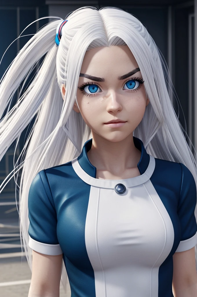 Screenshot of my hero academia.
A girl with long white hair. Just like the eyebrows and eyelashes are white, phosphorescent blue eyes, Expression would be, normal clothes. (realist)