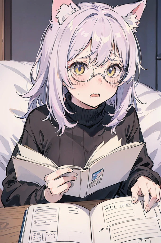 Catgirl, messy drawing, turtleneck sweater, circular glasses, messy drawing, reading notebook on bed, flustered look, scared, scared expression, sweating, lowered cat ears