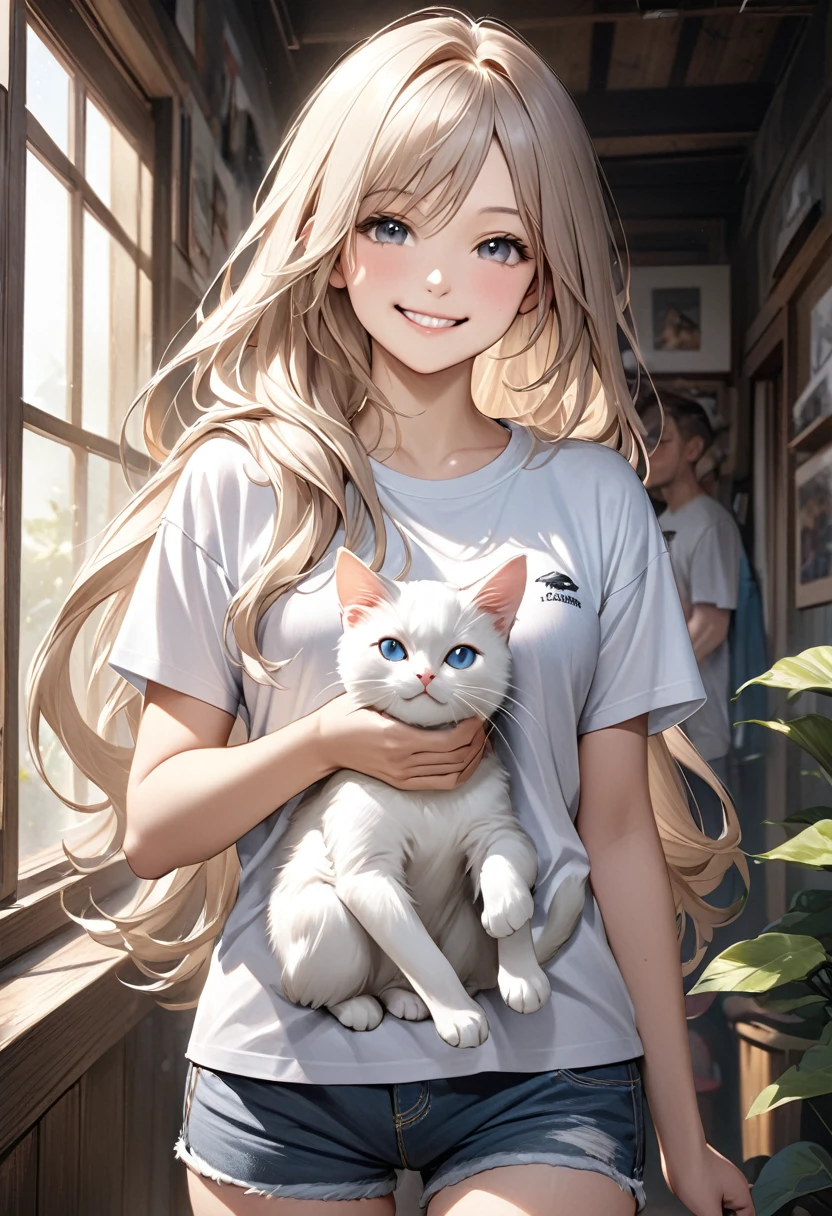 Super realistic T-shirt, shorts, holding a white cat, long hair, smiling face