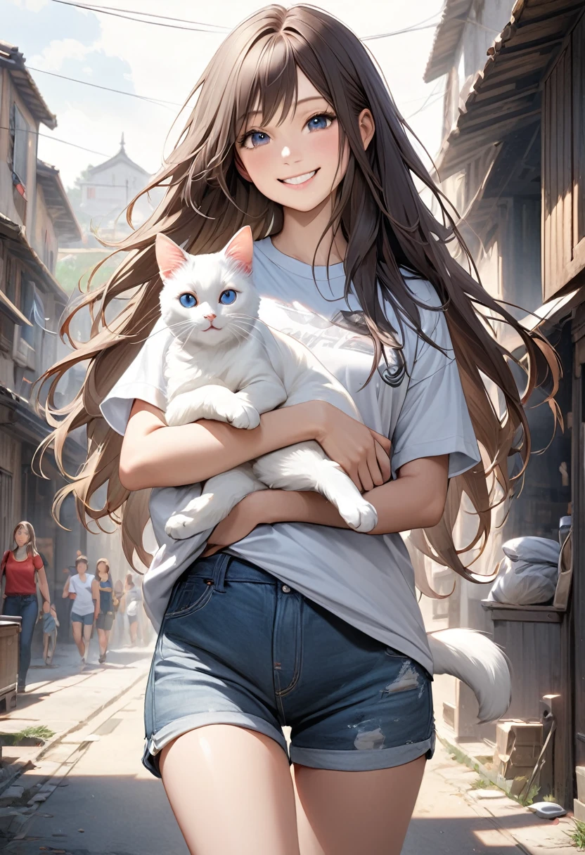 Super realistic T-shirt, shorts, holding a white cat, long hair, smiling face