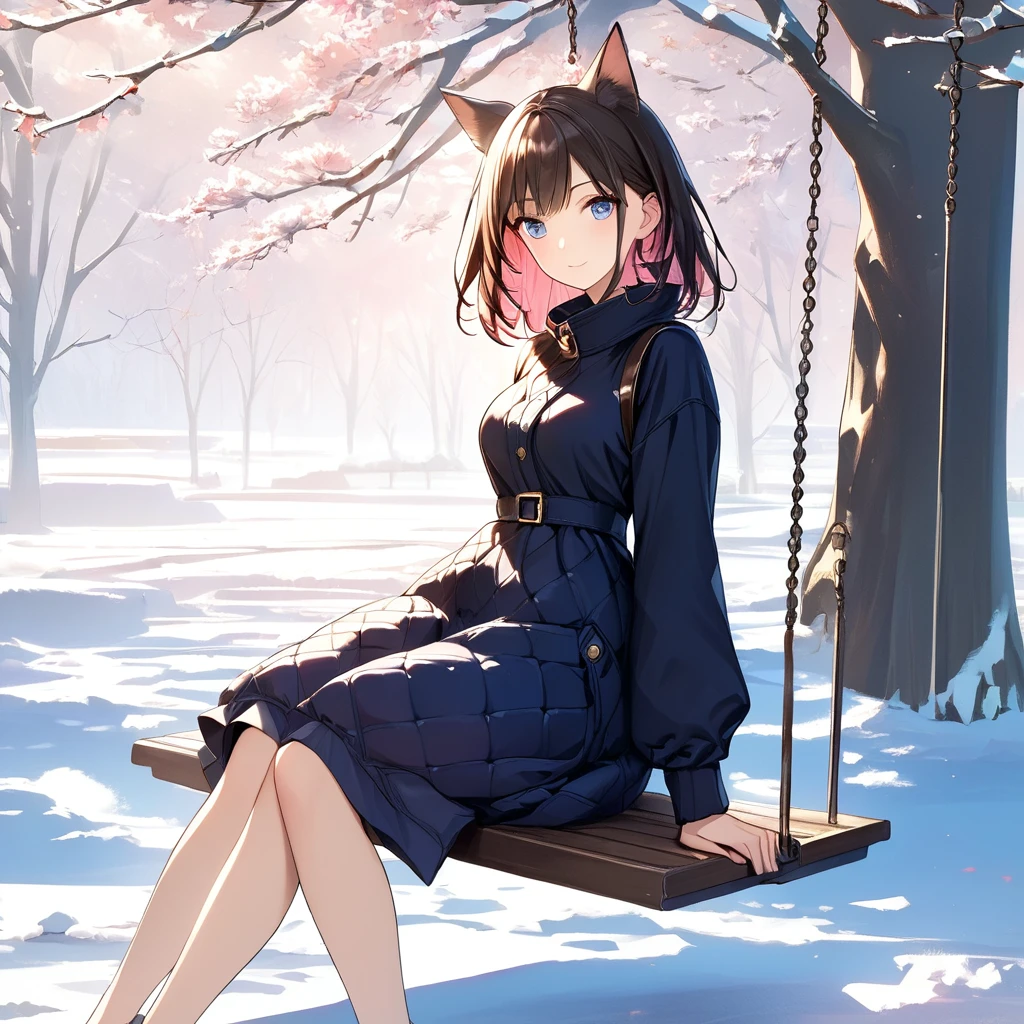 1 girl, human, (full body), ((Masterpiece, high quality, HD, High Details)), Bell Shape breasts (Narrower at the top and fuller at the bottom, resembling a bell), background: winter, outside, Sitting on a swing at distance, looking at viewer, slightly smile, Eyes: Almond-shaped, dark brown, Nose: Small and slightly upturned, Lips: Full, rosy pink, Hair: Long, wavy, black, Skin Tone: Fair with a pink undertone, Eyebrows: Thick and gently arched, Cheekbones: High and defined, Chin: Rounded, Ears: Small and close to the head, Expression: Serene and thoughtful, wearing (Quilted puffer dress).