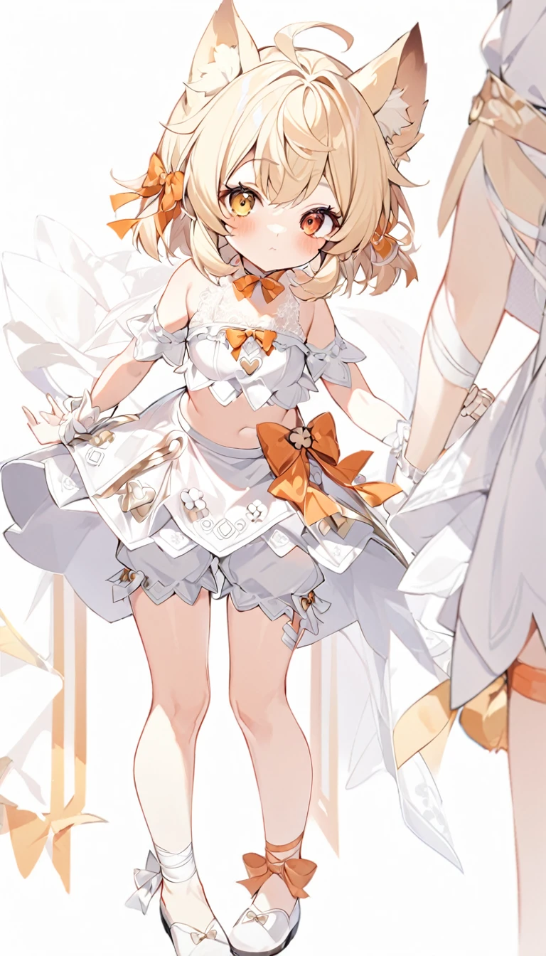 The fox girl,1girl,short hair, The hairstyle is like Klee's,animal ears, bangs, bare shoulders, blonde hair, blush, bow, breasts, white cleavage, cropped torso, , green eyes, hair ribbon, heterochromia, , looking at viewer, , orange bow, orange eyes, orange ribbon, ribbon, solo, , upper body, full-length, white legbands, white shoes with lace and white bows, white background, wrist cuffs, yellow eyes, bloomers, close-up, fair skin frills, lace, midriff, skirt, solo, , white background,shorts, white top with ribbon and lace and trousers,trousers, genshin,white slippers with a bow,All clothes are white, laceAt full height, it stands,bandaged hands, short hair , ankle lace-up, ankle ribbon, bow, leg ribbon, lineart, , shoes, , standing, , white bow, white footwear,