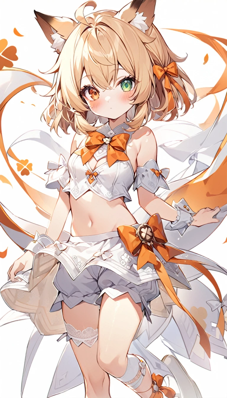 The fox girl,1girl,short hair, The hairstyle is like Klee's,animal ears, bangs, bare shoulders, blonde hair, blush, bow, breasts, white cleavage, cropped torso, , green eyes, hair ribbon, heterochromia, , looking at viewer, , orange bow, orange eyes, orange ribbon,  ribbon, solo, , upper body, full-length, white legbands, white shoes with lace and white bows, white background, wrist cuffs, yellow eyes, bloomers, close-up, fair skin frills, lace, midriff, skirt, solo, , white background,shorts, white top with ribbon and lace and trousers,trousers, genshin,white slippers with a bow,All clothes are white, laceAt full height, it stands,bandaged hands, short hair , ankle lace-up, ankle ribbon, bow, leg ribbon, lineart, , shoes, , standing, , white bow, white footwear,