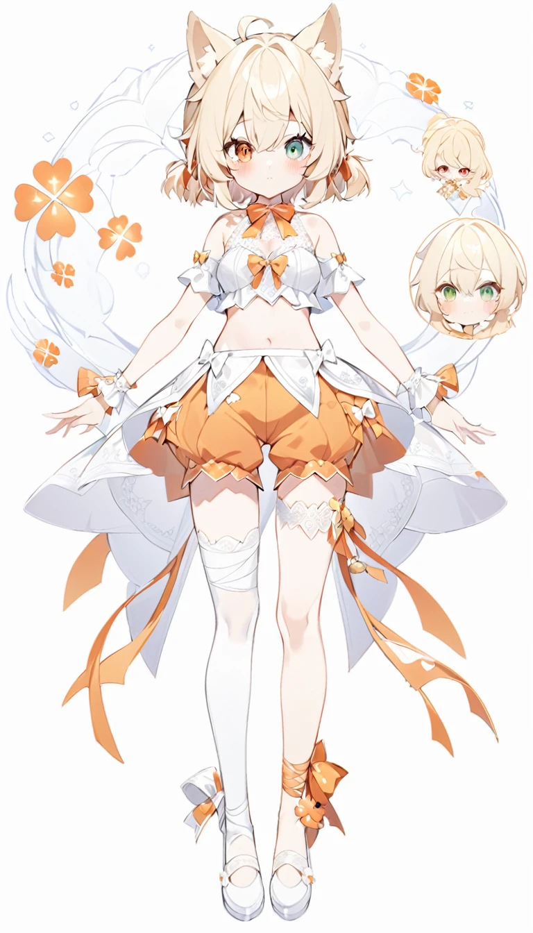 The fox girl,1girl,short hair, The hairstyle is like Klee's,animal ears, bangs, bare shoulders, blonde hair, blush, bow, breasts, white cleavage, cropped torso, , green eyes, hair ribbon, heterochromia, , looking at viewer, , orange bow, orange eyes, orange ribbon,  ribbon, solo, , upper body, full-length, white legbands, white shoes with lace and white bows, white background, wrist cuffs, yellow eyes, bloomers, close-up, fair skin frills, lace, midriff, skirt, solo, , white background,shorts, white top with ribbon and lace and trousers,trousers, genshin,white slippers with a bow,All clothes are white, laceAt full height, it stands,bandaged hands, short hair , ankle lace-up, ankle ribbon, bow, leg ribbon, lineart, , shoes, , standing, , white bow, white footwear,