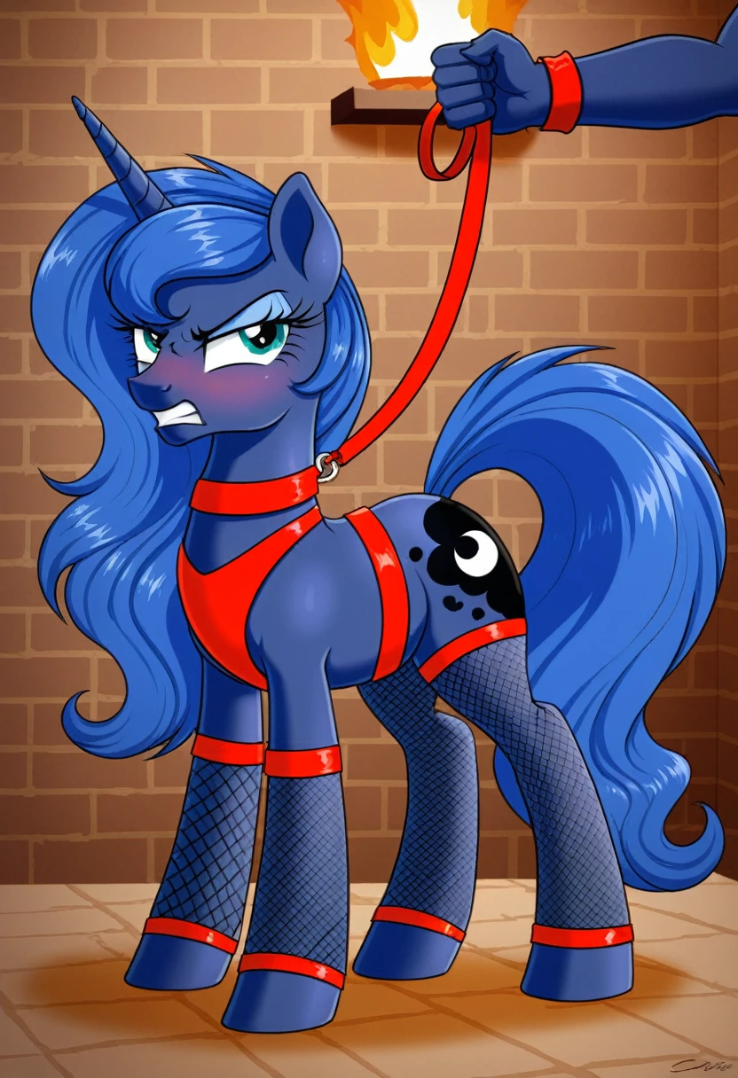 Pony angry Princessa luna in in fishnet tights b locked in a dungeon walks on a leash