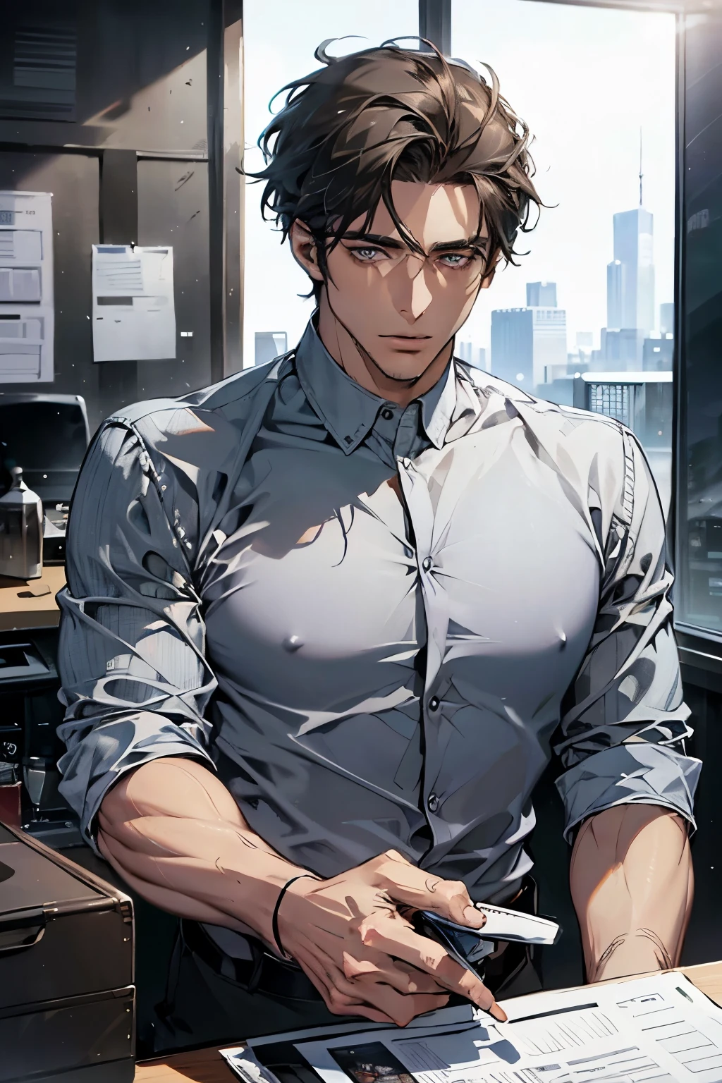 (Best Quality,4k,8k,high resolution,Masterpiece:1.2),ultra detailed,(realist,photorealist,photo-realist:1.37),1 man,31 years,mature man,very handsome,without expresion,muscled body,short gray black hair,Blue eyes,glare,perfect face without mistakes,imposing posture,businessman,office background,cinematic lighting,imagen HDR