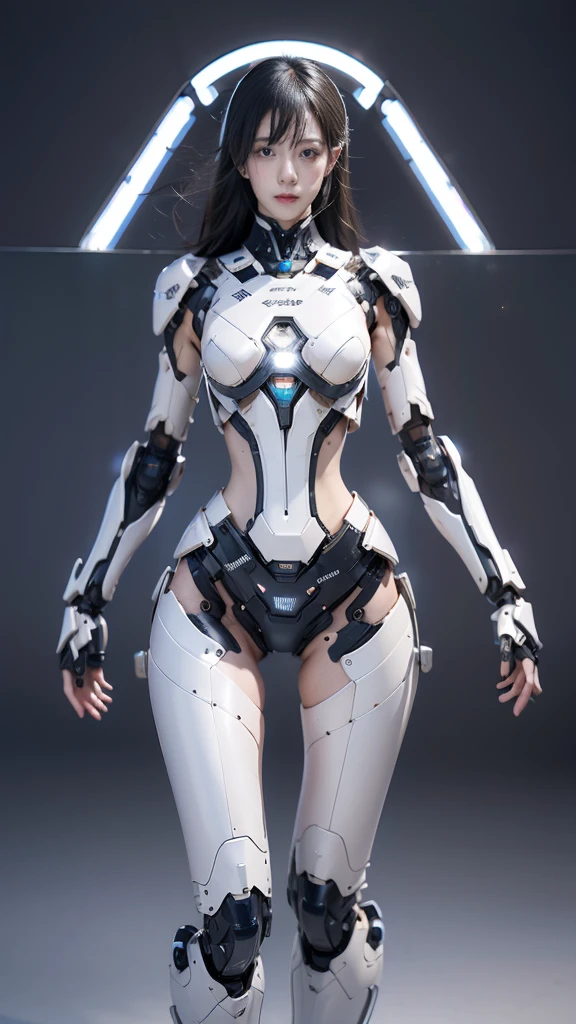 {{best quality, 1080P, Masterpiece, Ultra high resolution, photorealistic, ultra realism, Realistic skin texture, Extreme skin detail, dslr, Detailed eyes, blue eyes, Facing the camera, very beautiful face, Concise facial structure, Pale skin, Realistic skin texture, Extreme skin detail, oc render reflection textures, Realistic light and shadow, Single picture, alone, The body is slim and balanced., Age 20, Height 170, naked girl, NUDE, no underwear, A girl with the body of a mechanical robot., Transparent futuristic black glass mech armor suit, The mechanical cervix is attached to the neck., flat stomach, Woman with perfect robot arms and legs, full body view, Whole body photo.}}