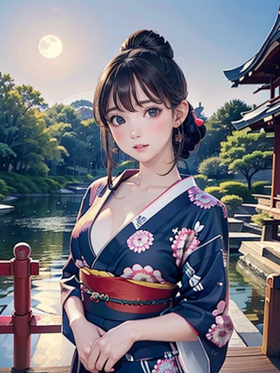 (Highest quality、 8k wallpaper、masterpiece、High resolution)、Vibrant colors、Ample breasts、Black hair in a Japanese round topknot、Brown-black bob、Beautiful girl in yukata、Vivid floral pattern、whole body、(Highly detailed face and eyes、Beautiful Face、Beautiful Eyes、Beautiful nose、Pretty lips)、A friendly gaze、above the knee shot、Highly detailed background、Japanese garden、moonlight、Full moon and starry sky、Official Art、