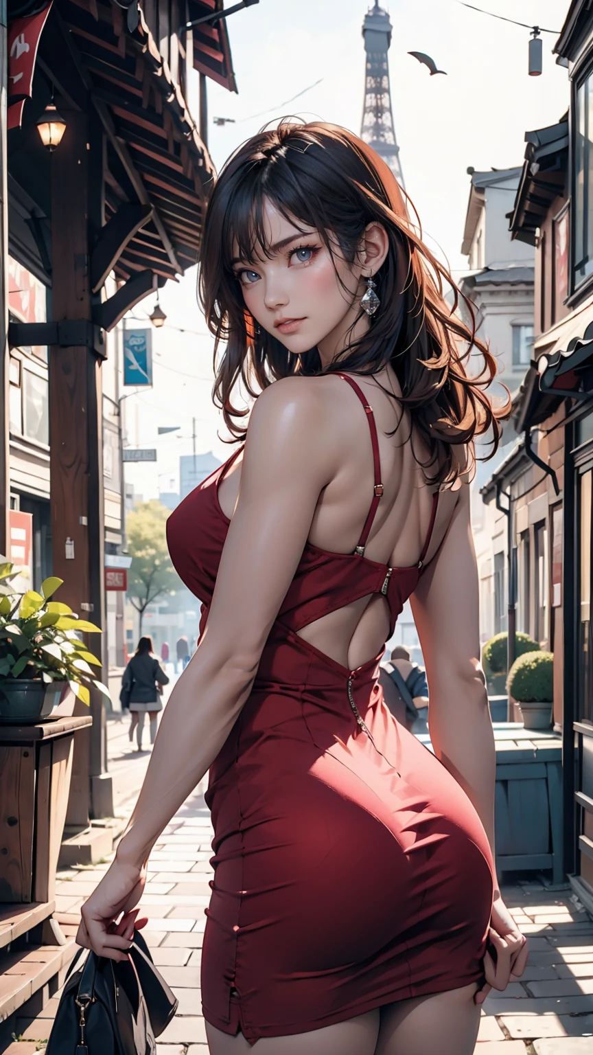 Stunning 3D rendering of a beautiful woman in shorts, Red dress, Lush tree々posing seductively in a narrow alley surrounded by. The iconic Eiffel Tower in the background々Standing there. Woman playfully lifts her dress、Showing her attractive ass。, Make the scene sensual and playful. Photos have a vibrant and glossy finish, Highlights feminine curves and full figure.