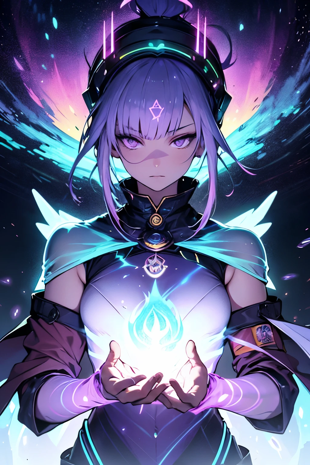 Seven-color glow stick interference, purple hue ethereal surreal, translucent energy woman, buff glowing wise monk, hot oil cooling meditation, chakra protection, cosmic meditation, unreal matter