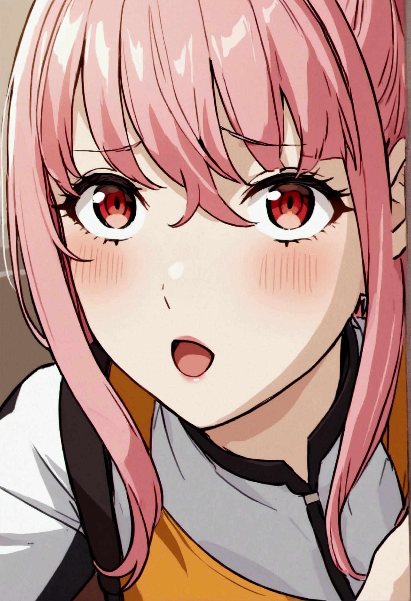 a girl with pink hair, tez morena, red eyes with yandere simulator bullying uniform, bullying another classmate with melon-colored gyaru makeup in the style of yandere simulator