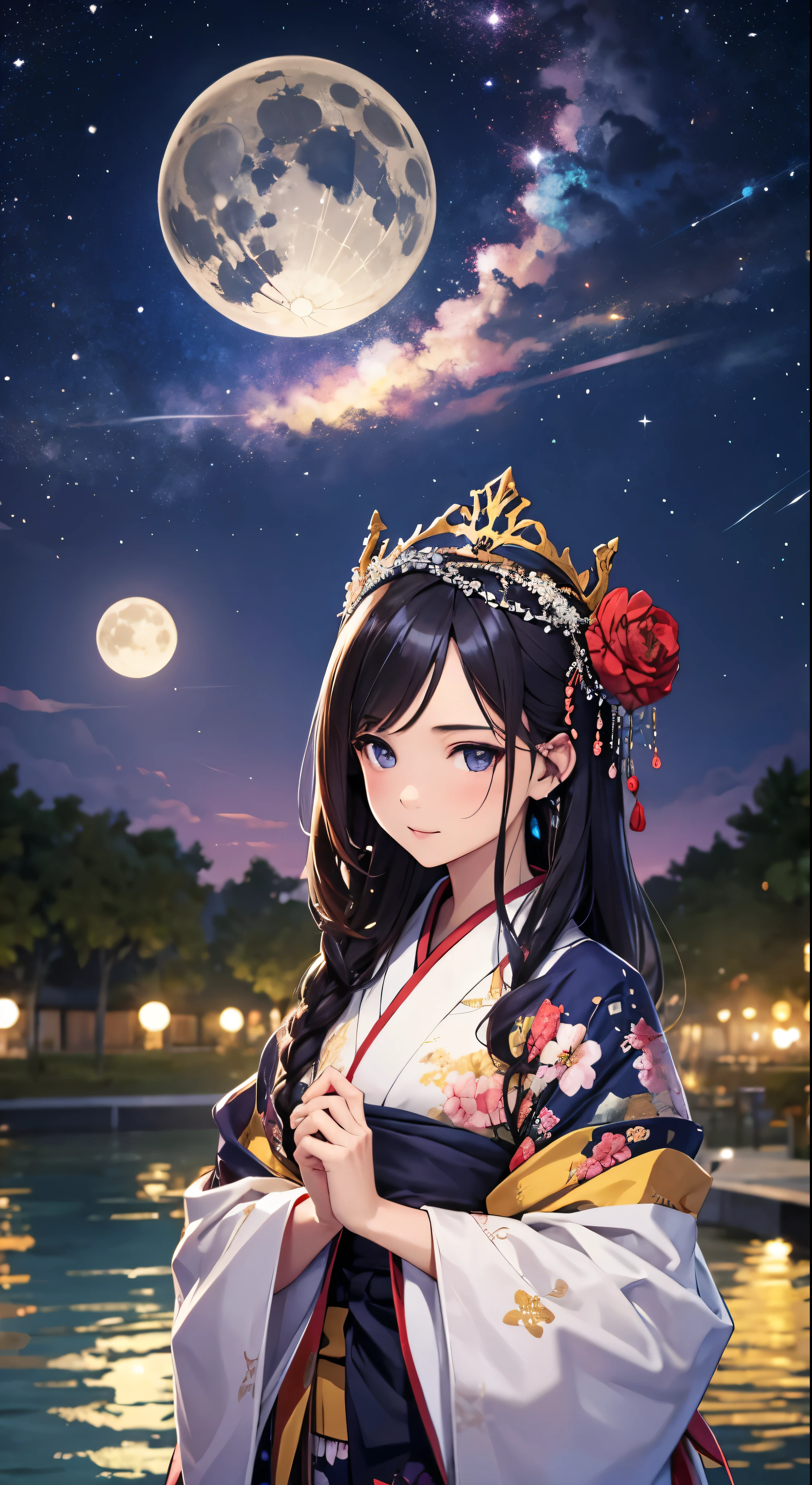 Highest quality、high_resolution、distinct_image、Detailed Background、girl、kimono、flower、garden、moon、night、holland angle、Wide Shot、Crown、