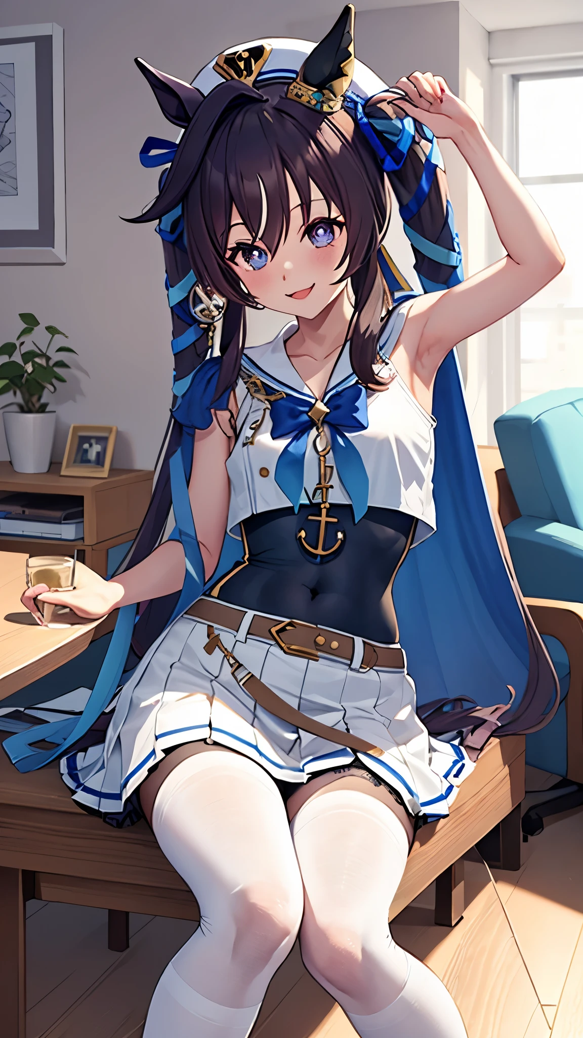 masterpiece, Highest quality, detailed, highly detailed, ultra detailed, Viblos \(umamusume\),(indoor, office, living room),  Horse tail, Have, White sailor collar, Exposing shoulders, Blue Ribbon, small cape, strap, Anchor decoration, Body stockings, belt, Bare knees, White pleated skirt, White boots, smile, Raise your arms, Underarm,(panties), (Flashy underwear), (lingerie), Skirt Lift