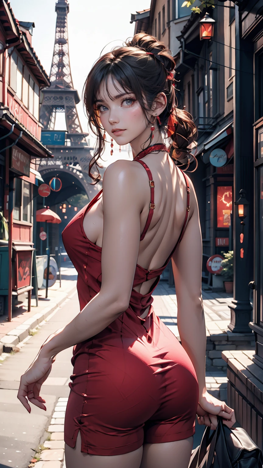 24 year old Caucasian female、Sheer high-neck halter neck with lace trim((high neck halter neck))Summer dress、Accessories on your wrist、Double vertical roll with ribbon decoration((twin drills))、Hair that hides one eye((hair over one eye))、Sexy、Sexy proportions、Narrow waist、Thin limbs、slender、Toned body、Champs-Élysées((Champs-Élysées))background、Stiletto heels、Handbag shoulder bag、smile