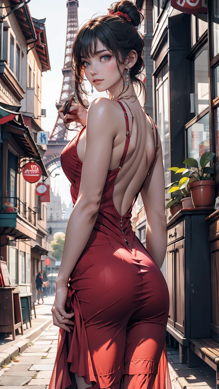Stunning 3D rendering of a beautiful woman in shorts, Red dress, Lush tree々posing seductively in a narrow alley surrounded by. The iconic Eiffel Tower in the background々Standing there. Woman playfully lifts her dress、Showing her attractive ass。, Make the scene sensual and playful. Photos have a vibrant and glossy finish, Highlights feminine curves and full figure.