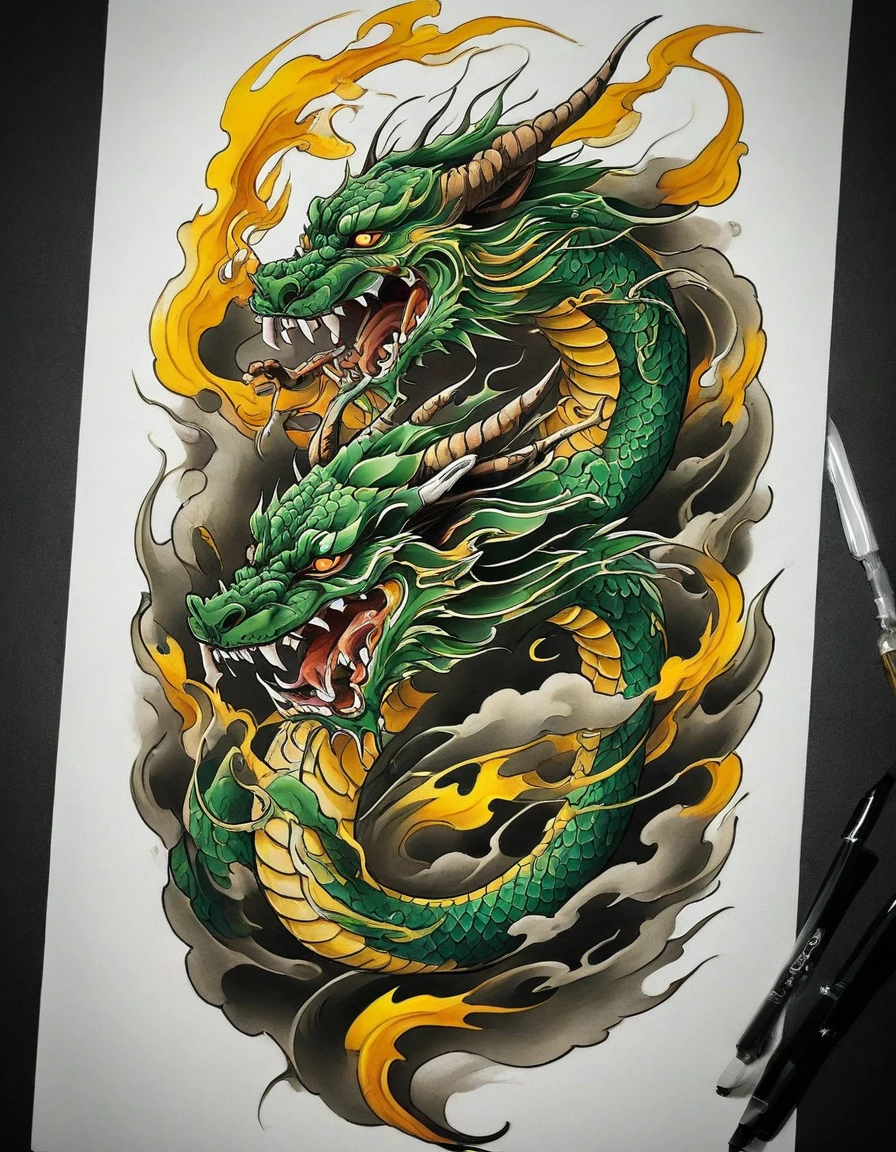 ((solo dragon)), Traditional Japanese tattoo design, realistic tattoo art of green eastern dragon with brown horns, yellow eyes, he is with open mouth looking very fierce and angry, the background is Japanese wave tattoo with thunder effects, (Unity 16K Wallpaper, masterpiece, Best Quality, high quality, Ultra-detailed, extremely details), ((solo dragon)), Traditional Japanese tattoo design, realistic tattoo art of green eastern dragon with brown horns, yellow eyes, he is with open mouth looking very fierce and angry, the background is Japanese wave tattoo with thunder effects,
