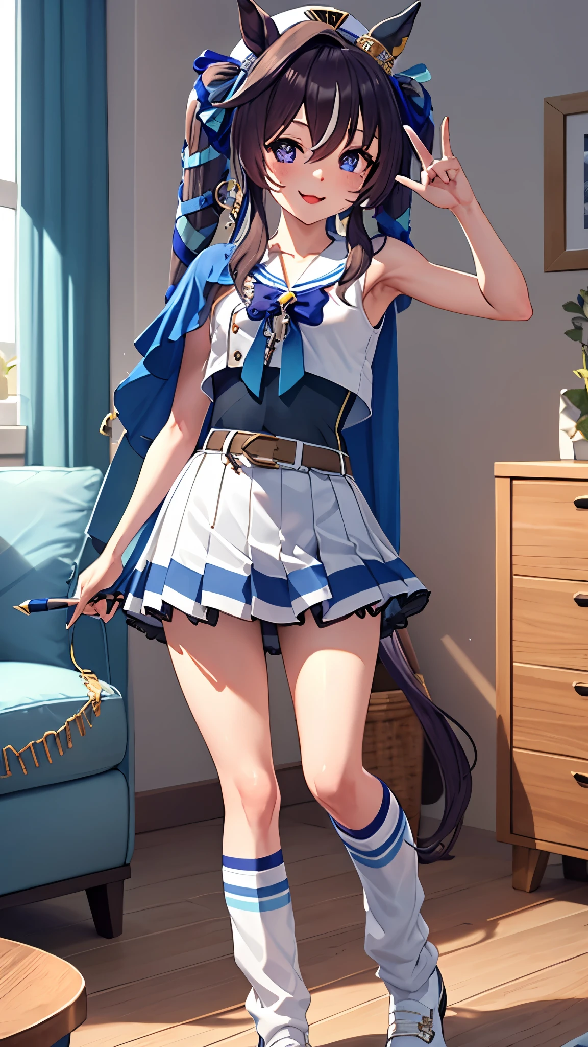 masterpiece, Highest quality, detailed, highly detailed, ultra detailed, Viblos \(umamusume\),(indoor, office, living room),  Horse tail, Have, White sailor collar, Exposing shoulders, Blue Ribbon, small cape, strap, Anchor decoration, Body stockings, belt, Bare knees, White pleated skirt, White boots, smile, Raise your arms, Underarm,(panties), (Flashy underwear), (lingerie), Skirt Lift