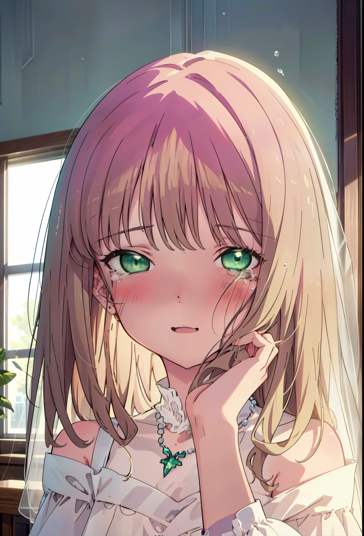 minami yume ,sss Dynazenon ,Long Hair, Brown Hair, (Green Eyes:1.5) ,blush,happy smile, smile, Open your mouth,Off-the-shoulder wedding dresses,Wedden Skirt,necklace,Veil,bouquet,Close both eyes,Tears stream down her face,Tears of joy,I cry a lot,　　　　　　　　　　　　 
 break looking at viewer, whole body,(Cowboy Shot:1. 5) 　　　　　　　　　　　　　　　　　　　break indoors, Chapel,church, 　　　　　　　　　　　break (masterpiece:1.2), Highest quality, High resolution, unity 8k wallpaper, (shape:0.8), (Beautiful attention to detail:1.6), Highly detailed face, Perfect lighting, Highly detailed CG, (Perfect hands, Perfect Anatomy),