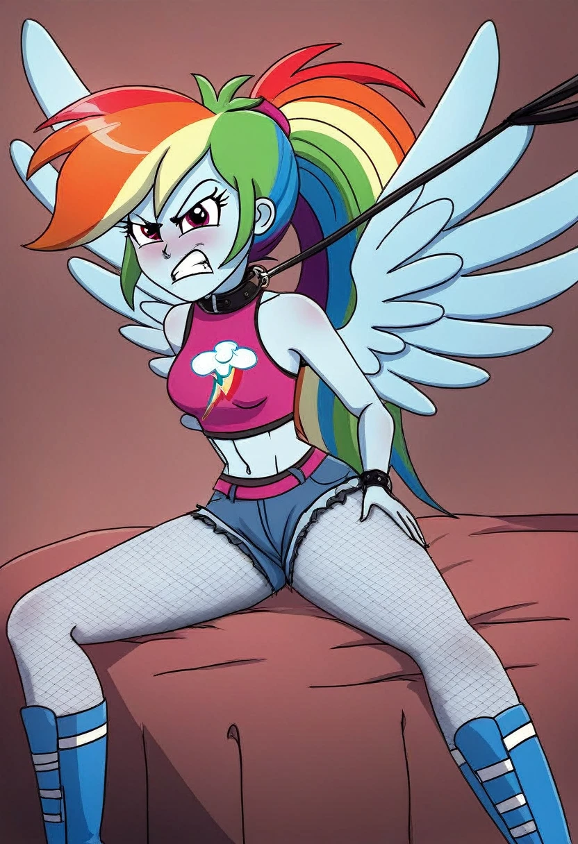 Eqg angry rainbow dash  at a school in  in fishnet tights  walks on a leash