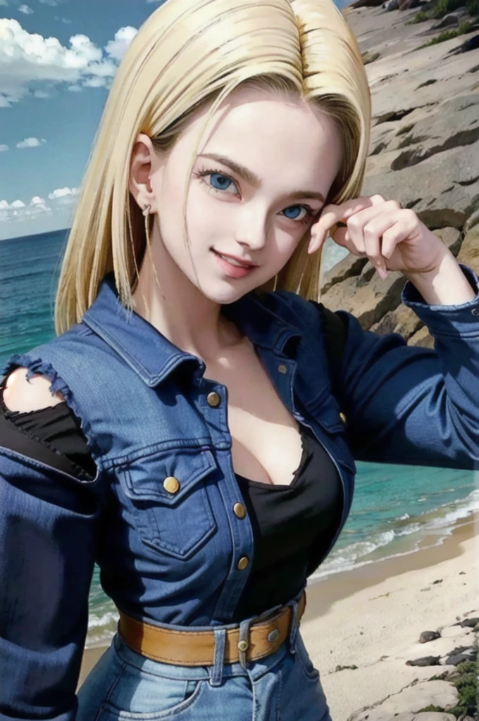 android 18,blonde hair, Long Straight hair, blue eyes, vest, black shirt, long sleeves, denim jacket, looking at viewer, smile Face, close up portrait, outside, beach, ocean, blue sky, high quality, masterpiece,  sexy body, perfect breasts, slightly torn shirt on the chest