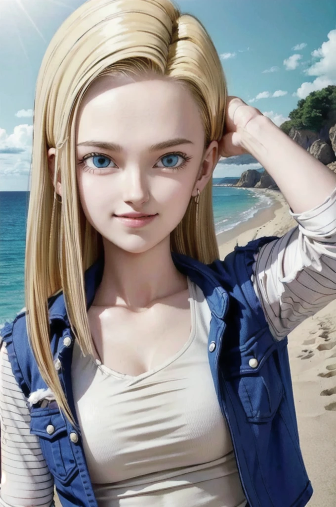 android 18,blonde hair, Long Straight hair, blue eyes, vest, black shirt, long sleeves, denim jacket, looking at viewer, smile Face, close up portrait, outside, beach, ocean, blue sky, high quality, masterpiece,  sexy body, perfect breasts, slightly torn shirt on the chest